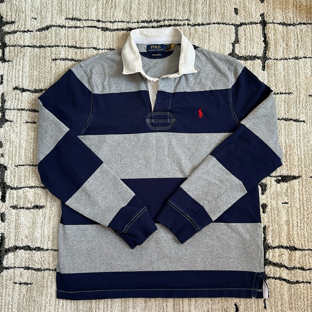 Polo Ralph Lauren Iconic Rugby Shirt in Navy/Gray Stripe, Size L